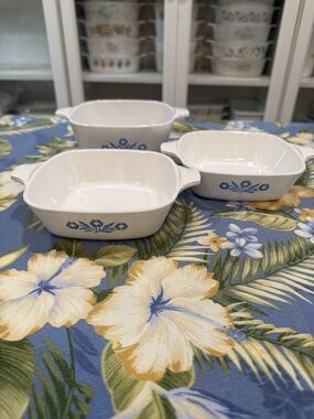 Corningware White Casserole Dishes with Blue Floral Cornflower Motif - Set of 3